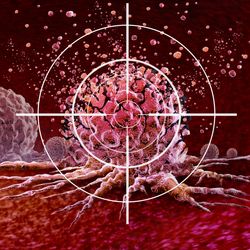 Illustration of a tumor being broken apart, with a target over it.