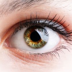 vision test chart, with letters of different sizes, overlaid on a close up of a human eye; the eye is hazel coloured with long eyelashes