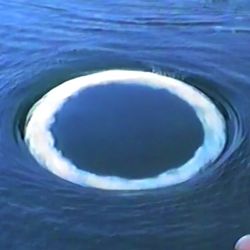 A perfect whale bubble ring at the surface of the sea as whale watchers look on