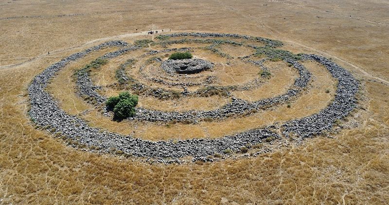 An aerial shot of the 5,000-year old stone concentric circle known as the "wheel of ghosts".