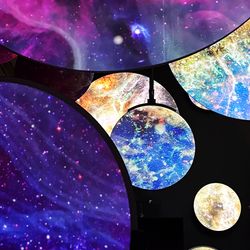 circular screens show differen projects of space envroments 
