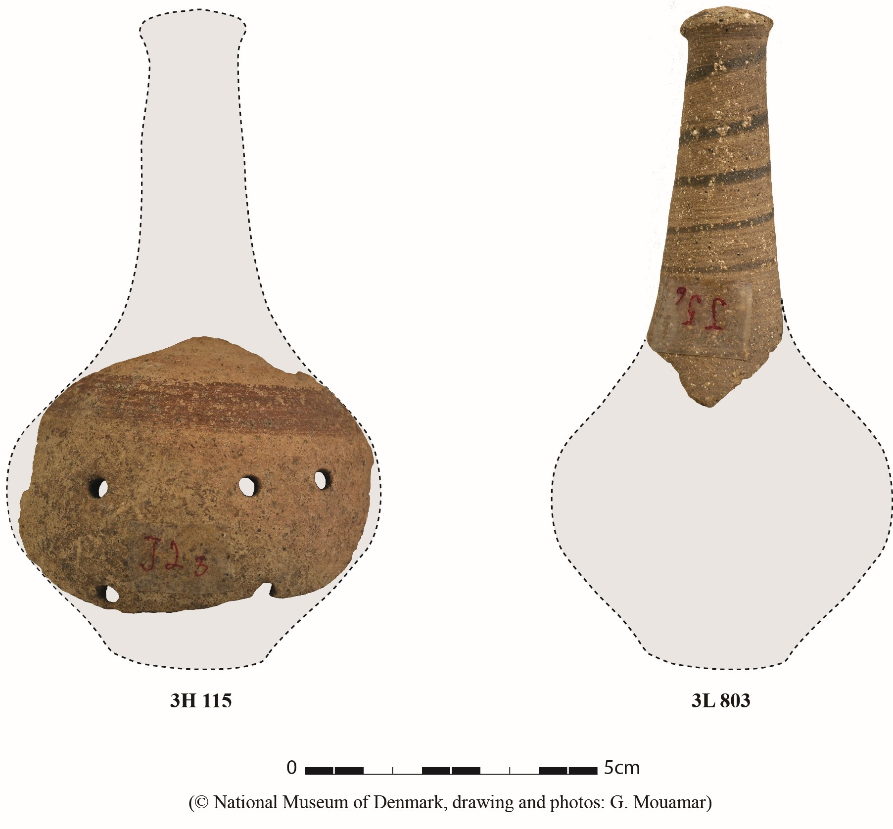 Reconstruction of the shape of the original rattles based on the surviving pieces.
