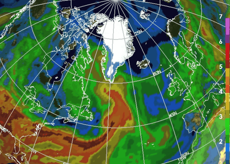 An animation showing an Atmospheric River lashing the sides of Greenland in July 2012.
