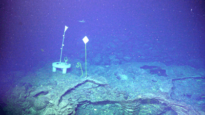 Assorted contraptions at the base of the western caldera wall of the Axial Seamount volcano.