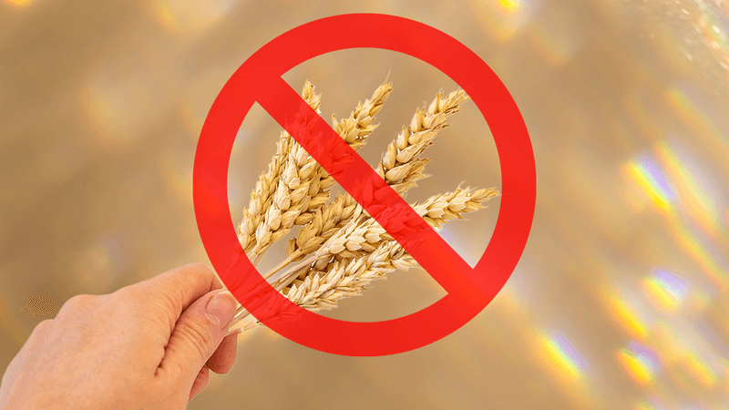 hand holding sheaves of wheat with a big red circle with a line through it over the top