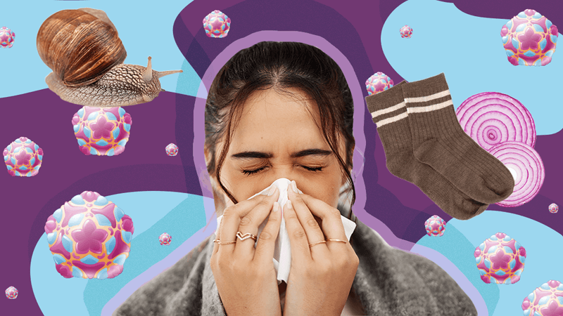 woman blowing her nose wrapped in a blanket at the centre of a collage of images including a snail, sliced red onion, brown socks, and cold virus particles on a background of purple and blue abstract shapes