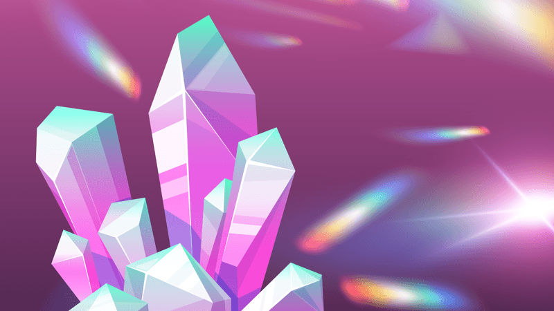 Illustration of multiple crystals, colored a mix of blue, pink, and purple. A light is shining on them.
