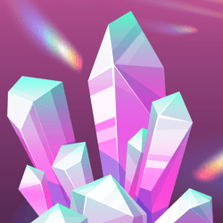 Illustration of multiple crystals, colored a mix of blue, pink, and purple. A light is shining on them.