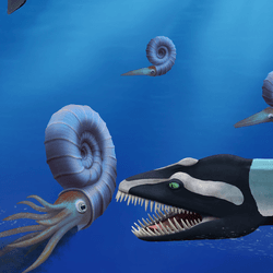 Two individuals of Traskasaura sandrae hunt the ammonite Pachydiscus in the northern Pacific during the Late Cretaceous. Traskasaura sandrae, named today in the Journal of Systematic Paleontology, was declared the Provincial Fossil of British Columbia in 2023