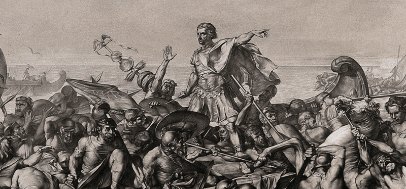 A lithograph of Julius Caesar's first invasion of Britain created in 1847. 