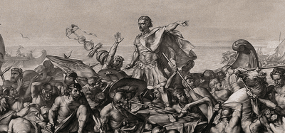 A lithograph of Julius Caesar's first invasion of Britain created in 1847. 