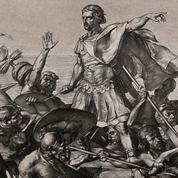 A lithograph of Julius Caesar's first invasion of Britain created in 1847. 