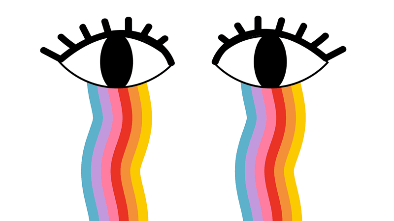 Cartoon eyes crying rainbow tears of happiness or empathy 