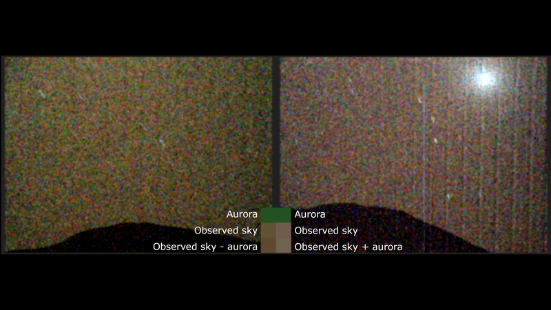 Two image of the martian sky at night. They are very pixelated but the left one when aurora is present has a green tinge