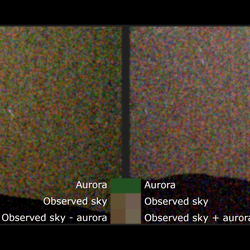 Two image of the martian sky at night. They are very pixelated but the left one when aurora is present has a green tinge