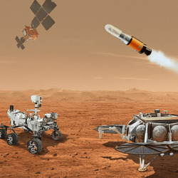 Artist's representation of the proposed, but postponed Mars Sample Return. The helicopter component at least is likely to be dropped.