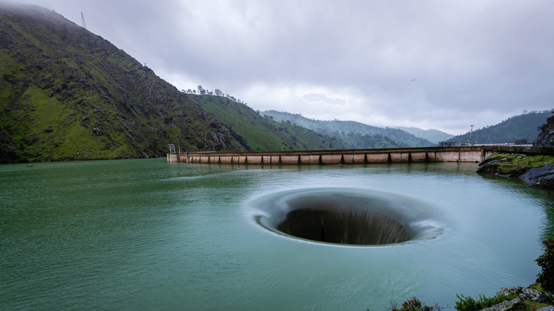 morning glory spillway, a big circular drain in lake berryessa also known as the "glory hole"