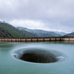 morning glory spillway, a big circular drain in lake berryessa also known as the "glory hole"