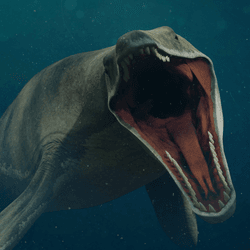 a mosasaurus with its mouth open