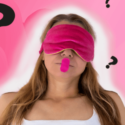 A woman wearing a pink eye mask and pink tape over her mouth, surrounded by question marks
