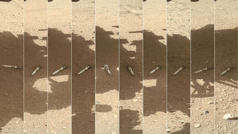 This photomontage shows tubes containing samples from Mars, as collected by NASA’s Perseverance Mars rover. They are circular tubes on a reddish sandy soil