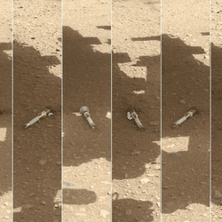 This photomontage shows tubes containing samples from Mars, as collected by NASA’s Perseverance Mars rover. They are circular tubes on a reddish sandy soil