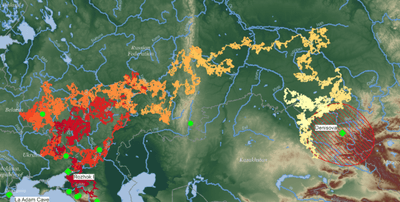 Computer simulated paths of Neanderthal dispersals demonstrate they could have reached the Altai Mountains in Siberia within 2,000 years during warm climatic conditions in one of two ancient time periods—MIS 5e (approximately 125,000 years ago) or MIS 3 (approximately 60,000 years ago)—