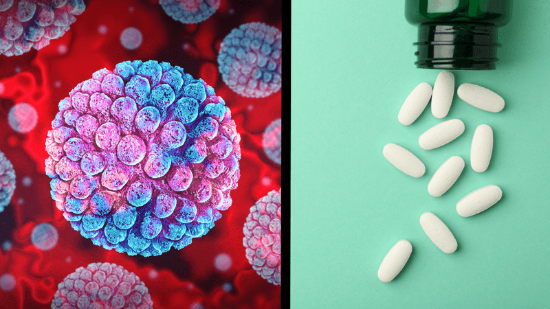 3D illustration of a norovirus particle on the left and a bottle with white pills spilling out on to a pale turquoise background on the right