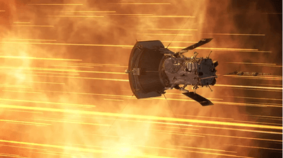 An illustration of the Parker Solar Probe whizzing through the Sun's corona, its weak outer atmosphere.