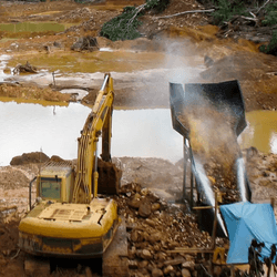 Gold miners in the peatlands of the Peruvian Amazon rainforest, using diggers.