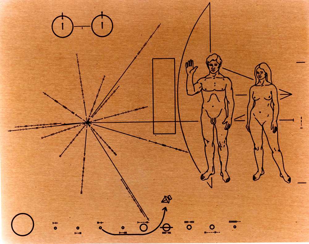 The Pioneer plaque, depicting one naked man and one naked woman.