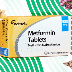 a collage image showing a photo of Metformin box, belladonna, cocoa beans, French lilac, and tea flower.