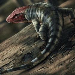 Artist's impression of the creator of the oldest set of tracks made by a reptile-like creature.