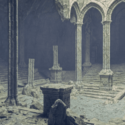 Medieval ruins of a church with pillars and dark shadows