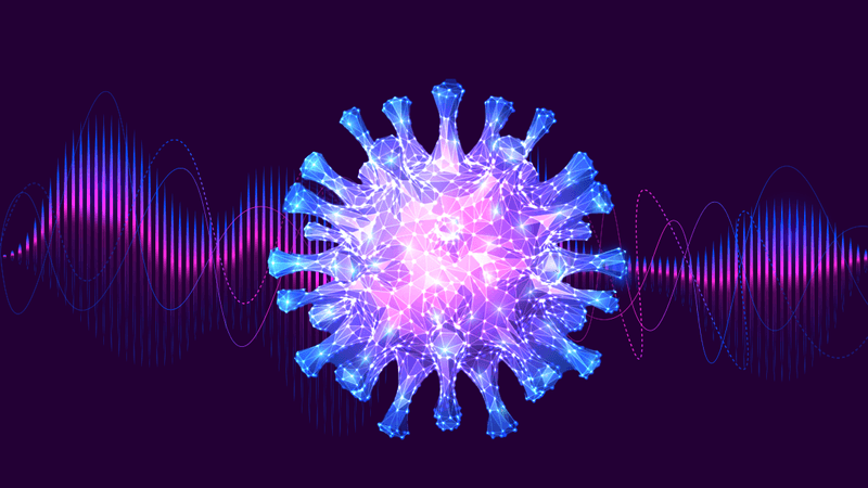 digital illustration of a purple COVID virus particle on a darker purple backdrop with wavy lines to indicate sound patterns