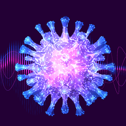 digital illustration of a purple COVID virus particle on a darker purple backdrop with wavy lines to indicate sound patterns