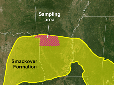 The Smackover formatThe SmackoveThe Smackover formation highlighted in yellow, The sampling area is located in the lower portion of Arkansas highlighted with red stripesr formation highlighted in yellow covers the southern to eastern portion of Texas, southern portion of Arkansas, the upper half of Louisiana and some eastern areas, southern half of Mississippi, southwest area of Alabama, and portions of the Florida panhandle. The sampling area is located in the lower portion of Arkansas highlighted with red stripesion (highlighted in yellow) covers the southern to eastern portion of Texas, southern portion of Arkansas, the upper half of Louisiana and some eastern areas, southern half of Mississippi, southwest area of Alabama, and portions of the Florida panhandle. The sampling area is located in the lower portion of Arkansas (highlighted with red stripes).