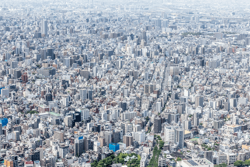 An aerial shot of the Tokyo skyline from the tallest tower in the world, the Tokyo Skytree. 