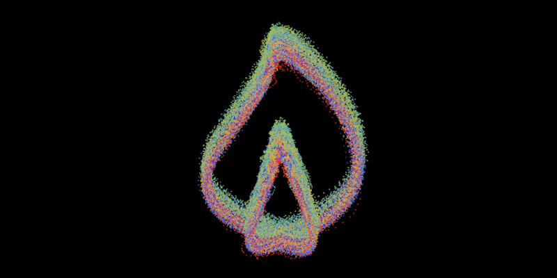 A green and pink symbol that look like the lit wick of a candle over a black bacground