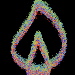 A green and pink symbol that look like the lit wick of a candle over a black bacground