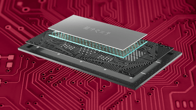 A 3D render showing four thin rectangles about to be combined in a single device to mke a quantum computer processor.